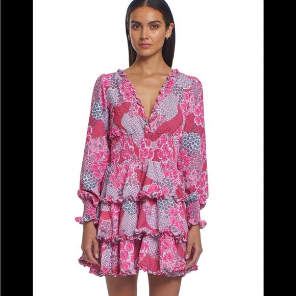 Peixoto $268 ruby smocked mini dress tiered ruffle pink red Anthropologie sz S - Picture 1 of 10